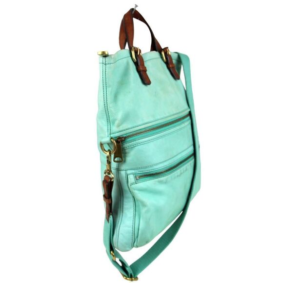 Fossil AQUA GREEN GENUINE LEATHER CONVERTIBLE TAN TOP HANDLE SHOULDER BAG TOTE - Picture 2 of 14